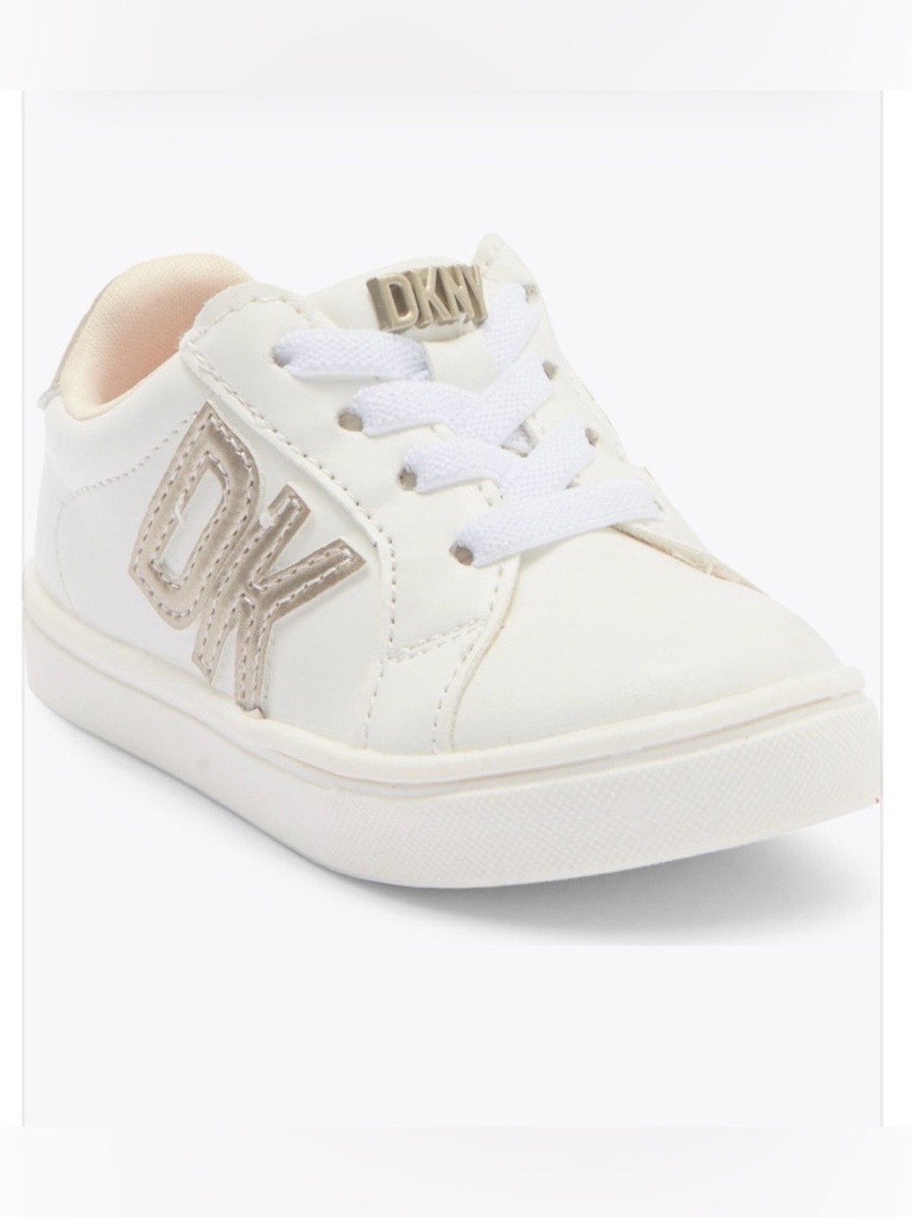 DKNY Kids White Sneakers with Gold Logo Accents Bonnie Gretchen NEW casual comfy